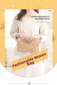 Detail of a natural woven straw clutch bag held by a model wearing a plaid shirt