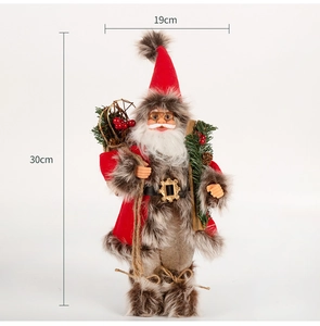 Detailed dimensions of 30cm plush Santa Claus figure carrying a red backpack and skateboard