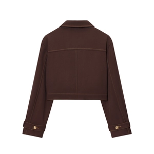 Deep brown cropped jacket back view with gold button cuffs and contrast stitching detail
