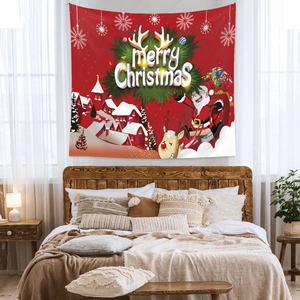 Cozy bedroom wall detail showing festive Merry Christmas tapestry and cartoon Santa scenery