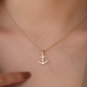 S925 silver anchor pendant necklace with gold plating and sparkling zircon stones