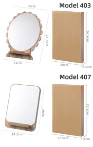 Detailed dimensions of wave and rectangular wooden tabletop mirrors and packaging