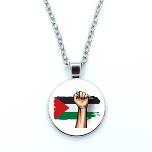 Palestine flag glass cabochon pendant necklace with raised fist symbol on silver chain