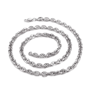 Polished silver stainless steel coffee bean chain necklace in a dynamic spiral layout