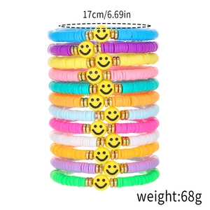 12Pcs Bohemian colorful clay bead bracelet set with yellow smiley face charms