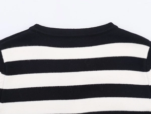 Close-up of the round neckline and striped knit texture on the black and white sweater