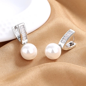 Geometric Artificial Pearl Drop Earrings Baguette Cut Zircon French Elegant Style Jewelry Accessories For Women