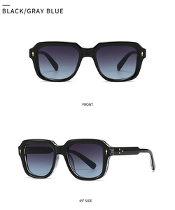 Front and side views of black square sunglasses with gradient lenses and gold rivets