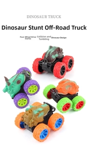 Detail showing four inertia dinosaur monster trucks with stunt flipping feature