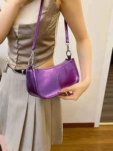 Metallic purple PU shoulder bag with punk rivets and high-gloss finish for women