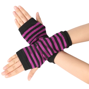 Detail showing purple and black striped knit fingerless gloves and wrist warmers