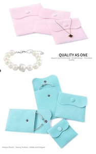 Detailed view of pink and blue velvet jewelry pouches with snap button closure for rings