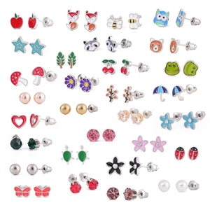 Cute Animal Fruit Flower Stud Earrings Alloy Enamel Rhinestone Faux Artificial Pearl With Steel Earring Post Mixed Styles For Women Girls