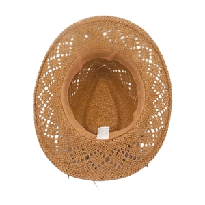 Detailed macro view of 100% paper straw hat showing woven pattern and wash label
