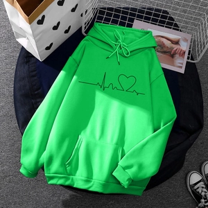 Bright green hoodie with heart EKG print featuring kangaroo pocket and drawstring hood