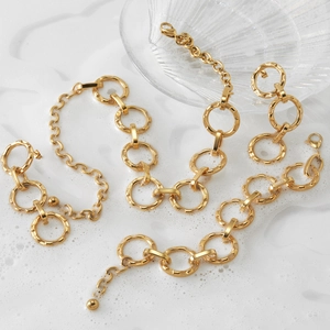 Golden stainless steel chain jewelry set with hammered texture round links and earrings
