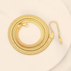 Chic golden stainless steel flat snake bone necklace with lobster clasp and extension chain