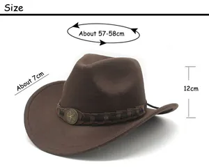 Size chart for brown western cowboy hat with crown height, brim width and head circumference