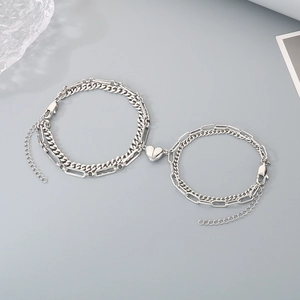 Magnetic heart stainless steel couple bracelets with layered silver chain design