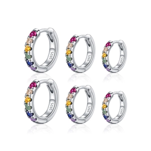 Three pairs of S925 sterling silver hoop earrings with rainbow gradient crystal stones