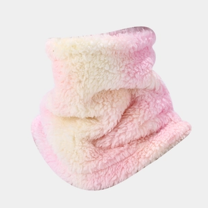 Close-up of pink and orange tie-dye faux fur neck gaiter with soft fluffy texture