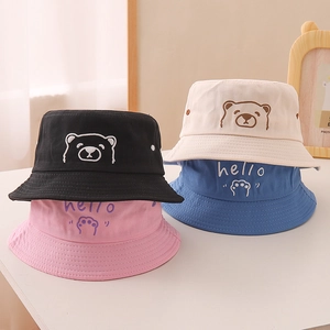 Kids bear embroidery bucket hat in four colors showing a stylish outdoor sun protection design