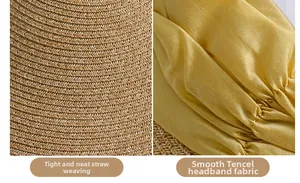 Close-up of tight straw weave texture and smooth yellow fabric on sun hat detail