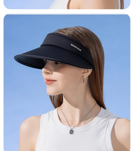 Detail view of the black wide brim open top sun hat with side printed logo design
