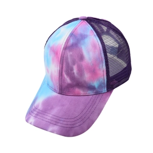Detail of purple tie-dye baseball cap with breathable mesh back and adjustable curved brim