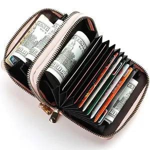 Pink PU leather accordion card holder with double zipper and large capacity storage