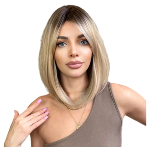 Perruque raide blonde ombrée mi-longue avec frange rideau pour femme look naturel