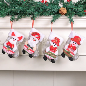 Mini Christmas Stockings Burlap Plush Hanging Ornaments With Cartoon Santa Snowman Reindeer Bear And Metal Bell Decor