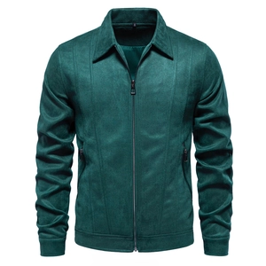 Close-up of a dark green faux suede jacket with classic collar and zipper pockets