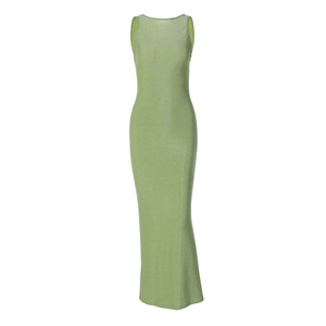 Close-up of the elegant green shimmering fabric and sleek silhouette of the slim fit dress