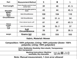 Detailed size chart for velvet patchwork blazer with measurements for S, M, and L sizes