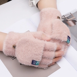 Gants en tricot rose avec rabat amovible et fausse fourrure douce pour l'hiver