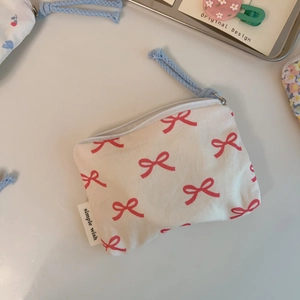 Mini floral cotton coin purse with red bow prints and simple wish fabric label