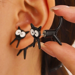 Pendientes de gato negro creativos con un diseño de animal en 3D de dos piezas