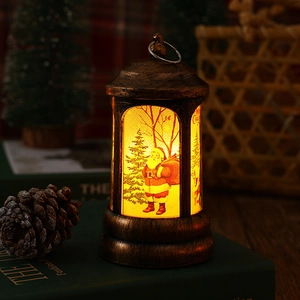 Vintage bronze Christmas lantern with LED Santa Claus scene on a festive background
