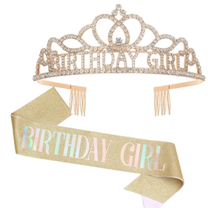 Detail of rose gold rhinestone crown and gold glitter sash with Birthday Girl lettering