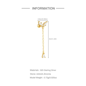 Detail showing S925 sterling silver gold stud earring with AAAAA zirconia and chain drop