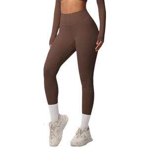 Dames koffiebruine yoga-legging met hoge taille en crop-top set met lange mouwen