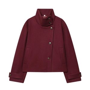 Short burgundy wool coat for women with high stand-up collar and asymmetrical buttons