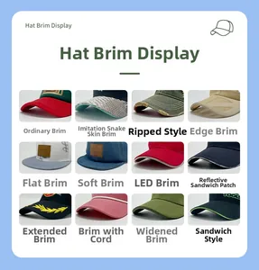 Detailed display of diverse baseball cap brims including snake skin and LED styles