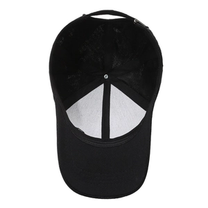 Internal structure of black camouflage baseball cap with white lining and metal buckle
