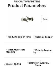 Detail view of adjustable 9mm devil wing ring in retro silver finish showing dimensions