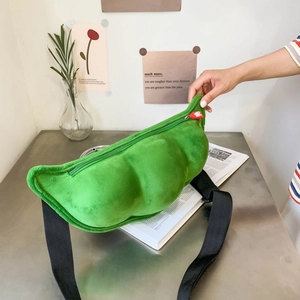Detail of creative green pea pod plush chest bag with soft fabric and adjustable strap
