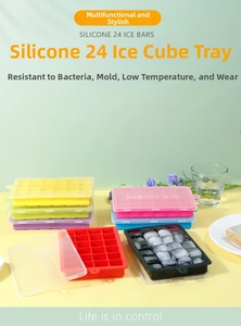 Detailed close-up of colorful 24-grid silicone ice cube molds with translucent lids