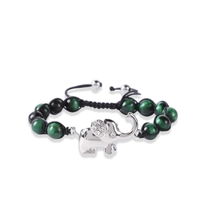 Detail of 8mm green tiger eye stones and silver elephant pendant with rhinestones