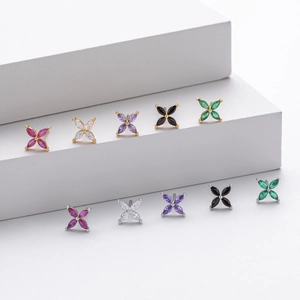Set of 10 colorful zircon flower stud earrings in gold and silver plating